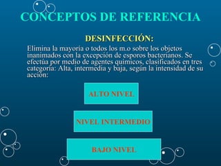 DESINFECCIÓN: Elimina la mayoría o todos los m.o sobre los objetos inanimados con la excepción de esporos bacterianos. Se efectúa por medio de agentes químicos, clasificados en tres categoría: Alta, intermedia y baja, según la intensidad de su acción: CONCEPTOS DE REFERENCIA   ALTO NIVEL NIVEL INTERMEDIO BAJO NIVEL 