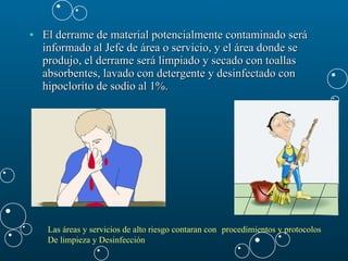 El derrame de material potencialmente contaminado será informado al Jefe de área o servicio, y el área donde se produjo, el derrame será limpiado y secado con toallas absorbentes, lavado con detergente y desinfectado con hipoclorito de sodio al 1%.  Las áreas y servicios de alto riesgo contaran con  procedimientos y protocolos  De limpieza y Desinfección 