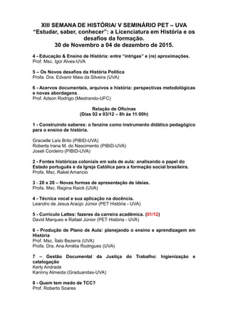 XIII SEMANA DE HISTÓRIA/ V SEMINÁRIO PET – UVA
“Estudar, saber, conhecer”: a Licenciatura em História e os
desafios da formação.
30 de Novembro a 04 de dezembro de 2015.
4 - Educação & Ensino de História: entre “intrigas” e (re) aproximações.
Prof. Msc. Igor Alves-UVA
5 – Os Novos desafios da História Política
Profa. Dra. Edvanir Maia da Silveira (UVA)
6 - Acervos documentais, arquivos e história: perspectivas metodológicas
e novas abordagens.
Prof. Adson Rodrigo (Mestrando-UFC)
Relação de Oficinas
(Dias 02 e 03/12 – 8h às 11:00h)
1 - Construindo saberes: o fanzine como instrumento didático pedagógico
para o ensino de história.
Gracielle Laís Brito (PIBID-UVA)
Roberta Irana M. do Nascimento (PIBID-UVA)
Joseli Cordeiro (PIBID-UVA)
2 - Fontes históricas coloniais em sala de aula: analisando o papel do
Estado português e da Igreja Católica para a formação social brasileira.
Profa. Msc. Rakel Amancio
3 - 20 x 20 – Novas formas de apresentação de ideias.
Profa. Msc. Regina Raick (UVA)
4 - Técnica vocal e sua aplicação na docência.
Leandro de Jesus Araújo Júnior (PET História - UVA)
5 - Currículo Lattes: fazeres da carreira acadêmica. (01/12)
David Marques e Rafael Júnior (PET História - UVA)
6 - Produção de Plano de Aula: planejando o ensino e aprendizagem em
História
Prof. Msc. Ítalo Bezerra (UVA)
Profa. Dra. Ana Amélia Rodrigues (UVA)
7 – Gestão Documental da Justiça do Trabalho: higienização e
catalogação
Kerly Andrade
Karinny Almeida (Graduandas-UVA)
8 - Quem tem medo de TCC?
Prof. Roberto Soares
 