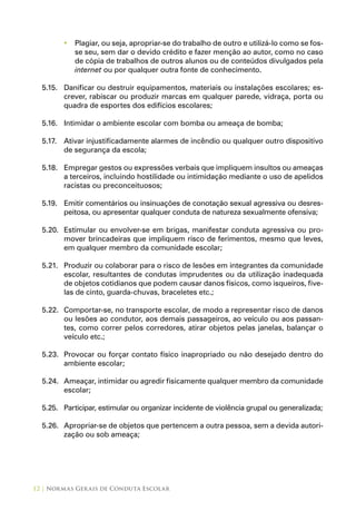 12 | Normas Gerais de Conduta Escolar
Plagiar, ou seja, apropriar-se do trabalho de outro e utilizá-lo como se fos-•	
se seu, sem dar o devido crédito e fazer menção ao autor, como no caso
de cópia de trabalhos de outros alunos ou de conteúdos divulgados pela
internet ou por qualquer outra fonte de conhecimento.
5.15.	 Danificar ou destruir equipamentos, materiais ou instalações escolares; es-
crever, rabiscar ou produzir marcas em qualquer parede, vidraça, porta ou
quadra de esportes dos edifícios escolares;
5.16.	 Intimidar o ambiente escolar com bomba ou ameaça de bomba;
5.17.	 Ativar injustificadamente alarmes de incêndio ou qualquer outro dispositivo
de segurança da escola;
5.18.	 Empregar gestos ou expressões verbais que impliquem insultos ou ameaças
a terceiros, incluindo hostilidade ou intimidação mediante o uso de apelidos
racistas ou preconceituosos;
5.19.	 Emitir comentários ou insinuações de conotação sexual agressiva ou desres-
peitosa, ou apresentar qualquer conduta de natureza sexualmente ofensiva;
5.20.	 Estimular ou envolver-se em brigas, manifestar conduta agressiva ou pro-
mover brincadeiras que impliquem risco de ferimentos, mesmo que leves,
em qualquer membro da comunidade escolar;
5.21.	 Produzir ou colaborar para o risco de lesões em integrantes da comunidade
escolar, resultantes de condutas imprudentes ou da utilização inadequada
de objetos cotidianos que podem causar danos físicos, como isqueiros, five-
las de cinto, guarda-chuvas, braceletes etc.;
5.22.	 Comportar-se, no transporte escolar, de modo a representar risco de danos
ou lesões ao condutor, aos demais passageiros, ao veículo ou aos passan-
tes, como correr pelos corredores, atirar objetos pelas janelas, balançar o
veículo etc.;
5.23.	 Provocar ou forçar contato físico inapropriado ou não desejado dentro do
ambiente escolar;
5.24.	 Ameaçar, intimidar ou agredir fisicamente qualquer membro da comunidade
escolar;
5.25.	 Participar, estimular ou organizar incidente de violência grupal ou generalizada;
5.26.	 Apropriar-se de objetos que pertencem a outra pessoa, sem a devida autori-
zação ou sob ameaça;
 