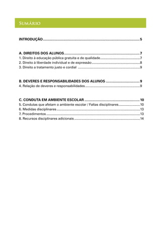 Sumário
Introdução.....................................................................................................5
A. DIREITOS DOS ALUNOS...............................................................................7
1. Direito à educação pública gratuita e de qualidade............................................7
2. Direito à liberdade individual e de expressão.....................................................8
3. Direito a tratamento justo e cordial ....................................................................9
B. DEVERES E RESPONSABILIDADES DOS ALUNOS....................................9
4. Relação de deveres e responsabilidades............................................................9
C. CONDUTA EM AMBIENTE ESCOLAR..........................................................10
5. Condutas que afetam o ambiente escolar / Faltas disciplinares........................10
6. Medidas disciplinares...........................................................................................13
7. Procedimentos......................................................................................................13
8. Recursos disciplinares adicionais........................................................................14
 