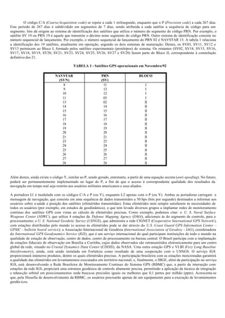 O código C/A (Coarse/Acquisition code) se repete a cada 1 milisegundo, enquanto que o P (Precision code) a cada 267 dias.
Este período de 267 dias é subdividido em segmentos de 7 dias, sendo atribuída a cada satélite a sequência de código para um
segmento. Isto dá origem ao sistema de identificação dos satélites que utiliza o número do segmento do código PRN. Por exemplo, o
satélite SV 19 ou PRN 19 é aquele que transmite o décimo nono segmento do código PRN. Outro sistema de identificação consiste no
número sequencial de lançamento. Por exemplo, o número sequencial de lançamento do PRN 02 é NAVSTAR 13. A tabela 1 relaciona
a identificação dos 19 satélites, atualmente em operação, segundo os dois sistemas de numeração. Destes, os SV03, SV11, SV12 e
SV13 pertencem ao Bloco I, formado pelos satélites experimentais (protótipos) do sistema. Os restantes (SV02, SV14, SV15, SV16,
SV17, SV18, SV19, SV20, SV21, SV23, SV24, SV25, SV26, SV27 e SV28) fazem parte do Bloco II, correspondente à constelação
definitiva dos 21.
TABELA 1 - Satélites GPS operacionais em Novembro/92
NAVSTAR
(SVN)
PRN
(SV)
BLOCO
8 11 I
9 13 I
10 12 I
11 03 I
13 02 II
14 14 II
15 15 II
16 16 II
17 17 II
18 18 II
19 19 II
20 20 II
21 21 II
23 23 II
24 24 II
25 25 II
26 26 II
27 27 II
28 28 II
Além destes, ainda existe o código Y, similar ao P, sendo gerado, entretanto, a partir de uma equação secreta (anti-spoofing). No futuro,
poderá ser permanentemente implementado no lugar do P, a fim de que o acesso à correspondente qualidade dos resultados da
navegação em tempo real seja restrito aos usuários militares americanos e seus aliados.
A portadora L1 é modulada com os códigos C/A e P (ou Y), enquanto L2 apenas com o P (ou Y). Ambas as portadoras carregam a
mensagem de navegação, que consiste em uma sequência de dados transmitidos a 50 bps (bits por segundo) destinados a informar aos
usuários sobre a saúde e posição dos satélites (efemérides transmitidas). Estas efemérides nem sempre satisfazem às necessidades de
todos os usuários (por exemplo, em estudos de geodinâmica), o que tem levado diversos grupos a implantar redes de monitoramento
contínuo dos satélites GPS com vistas ao cálculo de efemérides precisas. Como exemplo, podemos citar: o U. S. Naval Surface
Weapons Center (NSWC), que utiliza 4 estações da Defense Mapping Agency (DMA), adicionais às do segmento de controle, para o
processamento; o U. S. National Geodetic Survey (USNGS), que administra a rede CIGNET (Cooperative International GPS Network ),
com estações distribuídas pelo mundo (o acesso às efemérides pode se dar através do U.S. Coast Guard GPS Information Center -
GPSIC - bulletin board service); a Associação Internacional de Geodésia (International Association of Geodesy - IAG), coordenadora
do International GPS Geodynamics Service (IGS), que é um serviço internacional do qual participam instituições de todo o mundo na
qualidade de estação de observação, centro de dados, centro de processamento ou bureau central. O Brasil participa com a implantação
de estações fiduciais de observação em Brasília e Curitiba, cujos dados observados são retransmitidos eletronicamente para um centro
global da rede, situado no Crustal Dynamics Data Center (CDDIS), da NASA. Uma outra estação GPS e VLBI (Very Long Baseline
Interferometry), ainda, está sendo instalada em Fortaleza como resultado de uma cooperação com o USNGS. O serviço IGS
proporcionará inúmeros produtos, dentre os quais efemérides precisas. A participação brasileira com as estações mencionadas garantirá
a qualidade das efemérides em levantamentos executados em território nacional; e, finalmente, o IBGE, além da participação no serviço
IGS, está desenvolvendo a Rede Brasileira de Monitoramento Contínuo do Sistema GPS (RBMC) que, a partir da interseção com
estações da rede IGS, propiciará uma estrutura geodésica de controle altamente precisa, permitindo a aplicação da técnica de integração
e relaxação orbital em posicionamentos onde busca-se precisões iguais ou melhores que 0,1 partes por milhão (ppm). Acrescenta-se
que, pela filosofia de desenvolvimento da RBMC, os usuários precisarão apenas de um equipamento para a execução de levantamentos
geodés icos.
 