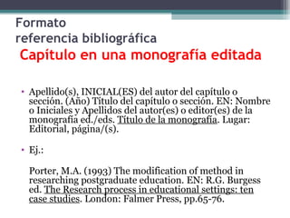 Formato
referencia bibliográfica
Capítulo en una monografía editada
• Apellido(s), INICIAL(ES) del autor del capítulo o
sección. (Año) Título del capítulo o sección. EN: Nombre
o Iniciales y Apellidos del autor(es) o editor(es) de la
monografía ed./eds. Título de la monografía. Lugar:
Editorial, página/(s).
• Ej.:
Porter, M.A. (1993) The modification of method in
researching postgraduate education. EN: R.G. Burgess
ed. The Research process in educational settings: ten
case studies. London: Falmer Press, pp.65-76.
 