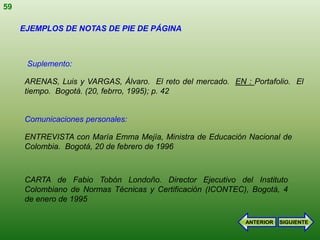 59

     EJEMPLOS DE NOTAS DE PIE DE PÁGINA



      Suplemento:

     ARENAS, Luis y VARGAS, Álvaro. El reto del mercado. EN : Portafolio. El
     tiempo. Bogotá. (20, febrro, 1995); p. 42


     Comunicaciones personales:

     ENTREVISTA con María Emma Mejía, Ministra de Educación Nacional de
     Colombia. Bogotá, 20 de febrero de 1996



     CARTA de Fabio Tobón Londoño. Director Ejecutivo del Instituto
     Colombiano de Normas Técnicas y Certificación (ICONTEC), Bogotá, 4
     de enero de 1995

                                                             ANTERIOR   SIGUIENTE
 