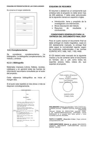 ESQUEMA DE PRESENTACIÓN DE LAS CONCLUSIONES         ESQUEMA DE RESUMEN
Se conserva el margen establecido
                                                    El resumen o abstact es un componente que
                                                    sintetiza todo el proyecto no debe tener mas
                                                    de 200 palabras. Y debe estar estructurado
                  CONCLUSIONES                      de la siguiente manera en español e ingles.
                       2 Inter.
            ___________________________
            ___________________________                     Introducción, tema y propósito de la
                       2 Inter.
            ___________________________
                                                             investigación o la intervención.
            ___________________________                     Breve descripción del método.
            ___________________________
            ___________________________                     Resumen        de       resultados y
                       2 Inter.                              conclusiones.
            ___________________________
            ___________________________
            ___________________________.             CONDICIONES GENERALES PARA LA
                                                    ENTREGA DEL DOCUMENTO FINAL DICP

                                                    Para el cuarto avance el documento final se
                                                    debe entregar en medio magnético, copia en
                                                    CD debidamente marcado, la entrega final
                                                    debe seguir la normatividad vigente, según
4.2.3 Complementarios                               los protocolos institucionales y las normas
                                                    ICONTEC NTC 1486, 1487, 1160, 4490.
Se      consideran       complementarios:      La
bibliografía, La bibliografía complementaria, los   El CD deberá estar marcado de la siguiente
índices, y anexos.                                  manera y ha de contener tanto el documento
                                                    en formato .doc o .pdf; como todos los
4.2.3.1. Bibliografía                               soportes anexos, fotos, videos etc. que
                                                    soportan el proyecto.
Materiales impresos (Libros, folletos, revistas,
catálogos) y en general todas las fuentes de
información secundaria consultada por el autor
del proyecto.
                                                                    Titulo completo del proyecto
                                                                              de grado
Cada referencia bibliográfica se inicia al                          Autores: Nombres completos.
margen IZQ.                                                                 Cod. Proyecto
                                                                    Asesor: Nombres Y Apellidos
Si el autor esta repetido en dos obras o más se
disponen cronológicamente.



                                                                             INSTITUCIÓN
                                                                             Ciudad y fecha




                                                    PRELIMINARES (Partes que anteceden) TAPA O PASTA (No),
                                                    GUARDAS (opcional), CUBIERTA (opcional), PORTADA, PÁGINA
                                                    DE                                           ACEPTACIÓN
                                                    (opcional),__PÁGINA__DE__DEDICATORIA__(opcional),__PÁGIN
                                                    A__DE__AGRADECIMIENTOS(opcional), CONTENIDO, LISTAS
                                                    ESPECIALES (si el proyecto tiene tablas graficas u otros)
                                                    GLOSARIO (opcional), RESUMEN.


                                                    TEXTO O CUERPO           (Desarrolla el tema ) Seguir protocolo
                                                    correspondiente INV o INT

                                                    COMPLEMENTARIOS (Material de adición) BIBLIOGRAFÍA
                                                    (obligatoria), BIBLIOGRAFÍA    COMPLEMENTARIA        (Opcional)
                                                    ÍNDICES, ANEXOS.
 