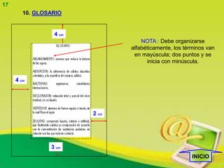17
        10. GLOSARIO


                 4 cm
                                   NOTA : Debe organizarse
                               alfabéticamente, los términos van
                                en mayúscula; dos puntos y se
                                     inicia con minúscula.


     4 cm




                        2 cm




                3 cm
                                                       INICIO
 