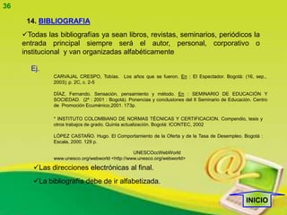 36

      14. BIBLIOGRAFIA
     Todas las bibliografías ya sean libros, revistas, seminarios, periódicos la
     entrada principal siempre será el autor, personal, corporativo o
     institucional y van organizadas alfabéticamente

       Ej.
               CARVAJAL CRESPO, Tobías. Los años que se fueron. En : El Espectador. Bogotá: (16, sep.,
               2003); p. 2C, c. 2-5

               DÍAZ, Fernando. Sensación, pensamiento y método. En : SEMINARIO DE EDUCACIÓN Y
               SOCIEDAD. (2º : 2001 : Bogotá). Ponencias y conclusiones del II Seminario de Educación. Centro
               de Promoción Ecuménico,2001. 173p.

               * INSTITUTO COLOMBIANO DE NORMAS TÉCNICAS Y CERTIFICACION. Compendio, tesis y
               otros trabajos de grado. Quinta actualización. Bogotá: ICONTEC, 2002

               LÓPEZ CASTAÑO. Hugo. El Comportamiento de la Oferta y de la Tasa de Desempleo. Bogotá :
               Escala, 2000. 129 p.

                                                 UNESCOccWebWorld
               www.unesco.org/webworld <http://www.unesco.org/webworld>

        Las direcciones electrónicas al final.
        La bibliografía debe de ir alfabetizada.

                                                                                                   INICIO
 