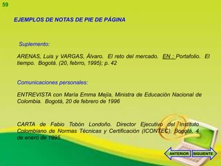 59

     EJEMPLOS DE NOTAS DE PIE DE PÁGINA



      Suplemento:

     ARENAS, Luis y VARGAS, Álvaro. El reto del mercado. EN : Portafolio. El
     tiempo. Bogotá. (20, febrro, 1995); p. 42


     Comunicaciones personales:

     ENTREVISTA con María Emma Mejía, Ministra de Educación Nacional de
     Colombia. Bogotá, 20 de febrero de 1996



     CARTA de Fabio Tobón Londoño. Director Ejecutivo del Instituto
     Colombiano de Normas Técnicas y Certificación (ICONTEC), Bogotá, 4
     de enero de 1995

                                                             ANTERIOR   SIGUIENTE
 