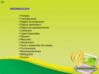 64

     ORGANIZACION

          Portada
          Contraportada
          Página de aceptación
          Página dedicatoria
          Página de agradecimiento
          Contenido
          Listas Especiales
          Glosario
          Resumen
          Introducción
          Texto o desarrollo del trabajo
          Conclusiones
          Recomendaciones
          Bibliografía
          Anexos



                                            ANTERIOR   SIGUIENTE
 