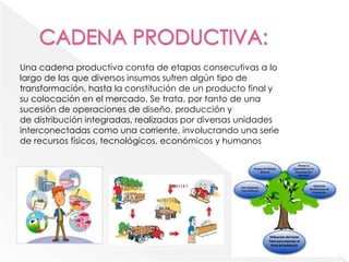 Una cadena productiva consta de etapas consecutivas a lo
largo de las que diversos insumos sufren algún tipo de
transformación, hasta la constitución de un producto final y
su colocación en el mercado. Se trata, por tanto de una
sucesión de operaciones de diseño, producción y
de distribución integradas, realizadas por diversas unidades
interconectadas como una corriente, involucrando una serie
de recursos físicos, tecnológicos, económicos y humanos
 