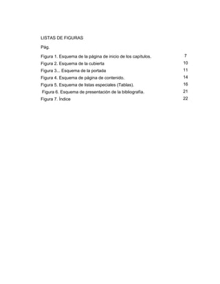 LISTAS DE FIGURAS
Pág.
Figura 1. Esquema de la página de inicio de los capítulos.

7

Figura 2. Esquema de la cubierta

10

Figura 3... Esquema de la portada

11

Figura 4. Esquema de página de contenido.

14

Figura 5. Esquema de listas especiales (Tablas).

16

Figura 6. Esquema de presentación de la bibliografía.

21

Figura 7. Índice

22

 
