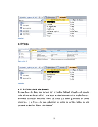 15
Diseño 3
SERVICIOS
Ilustración 4
Diseño 4
4.1.2 Bases de datos relacionales
Es una base de datos que cumple con el modelo habitual, el cual es el modelo
más utilizado en la actualidad para llevar a cabo bases de datos ya planificadas.
Permiten establecer relaciones entre los datos que están guardados en tablas
diferentes, y a través de esto relacionar los datos de amblas tablas, de ahí
proviene su nombre “Datos relacionales”.
 