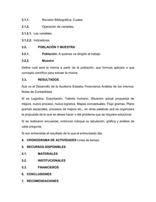 3.1.1.           Revisión Bibliográfica, Cuales

3.1.2.           Operación de variables.

3.1.2.1. Las variables.

3.1.2.2. Indicadores.

3.2.        POBLACIÓN Y MUESTRA

3.2.1.           Población: A quienes va dirigido el trabajo

3.2.2.           Muestra

Defina cuál será la misma a partir de la población, que formula aplicara o que
concepto científico para extraer la misma

3.3.        RESULTADOS

Acá va el Desarrollo de la Auditoria Estados Financieros Análisis de los mismos,
Notas de Contabilidad.

Si es Logística, Exportación, Talento humano. Situación actual propuesta de
mejora, nuevo proceso, nueva logística, Mapas conceptuales, Flujo gramas, Plano
gramas espaciales, procesos de mejora etc., en otras palabras acá se organizara
la propuesta de lo que se desea hacer o del problema que se requiere solucionar

Si se realizaron encuestas, entonces coloque su tabulación, gráfica y análisis de
cada pregunta.

Si son entrevistas el resultado de lo que el entrevistado dijo

4. CRONOGRAMA DE ACTIVIDADES Línea de tiempo

5. RECURSOS DISPONIBLES

5.1.        MATERIALES

5.2.        INSTITUCIONALES

5.3.        FINANCIEROS

6. CONCLUSIONES

7. RECOMENDACIONES
 