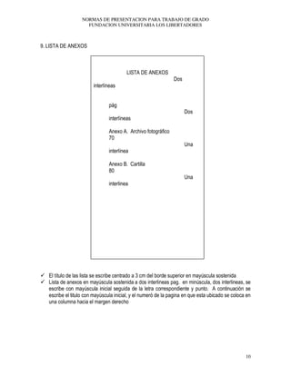 NORMAS DE PRESENTACION PARA TRABAJO DE GRADO
FUNDACION UNIVERSITARIA LOS LIBERTADORES
10
9. LISTA DE ANEXOS
LISTA DE ANEXOS
Dos
interlíneas
pág
Dos
interlíneas
Anexo A. Archivo fotográfico
70
Una
interlínea
Anexo B. Cartilla
80
Una
interlinea
El título de las lista se escribe centrado a 3 cm del borde superior en mayúscula sostenida
Lista de anexos en mayúscula sostenida a dos interlineas pag. en minúscula, dos interlineas, se
escribe con mayúscula inicial seguida de la letra correspondiente y punto. A continuación se
escribe el titulo con mayúscula inicial, y el numeró de la pagina en que esta ubicado se coloca en
una columna hacia el margen derecho
 