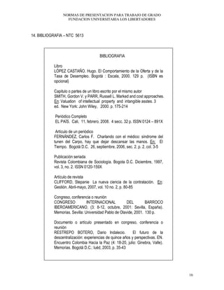NORMAS DE PRESENTACION PARA TRABAJO DE GRADO
FUNDACION UNIVERSITARIA LOS LIBERTADORES
16
14. BIBLIOGRAFIA – NTC 5613
BIBLIOGRAFIA
Libro
LÓPEZ CASTAÑO. Hugo. El Comportamiento de la Oferta y de la
Tasa de Desempleo. Bogotá : Escala, 2000. 129 p. (ISBN es
opcional)
Capitulo o partes de un libro escrito por el mismo autor
SMITH, Gordon V. y PARR, Russell L. Marked and cost approaches.
En: Valuation of intellectual property and intangible asstes. 3
ed. New York: John Wiley, 2000. p. 175-214
Periódico Completo
EL PAÍS. Cali, 11, febrero, 2008. 4 secc. 32 p. ISSN 0124 – 891X
Artículo de un periódico
FERNÁNDEZ, Carlos F. Charlando con el médico: síndrome del
tunen del Carpo, hay que dejar descansar las manos. En: El
Tiempo. Bogotá D.C. 26, septiembre, 2006, sec. 2. p. 2. col. 3-5
Publicación seriada
Revista Colombiana de Sociología. Bogota D.C. Diciembre, 1997,
vol. 3, no. 2. ISSN 0120-159X
Artículo de revista
CLIFFORD, Stepanie La nueva ciencia de la contratación. En:
Gestión. Abril-mayo, 2007, vol. 10 no. 2, p. 80-85
Congreso, conferencia o reunión
CONGRESO INTERNACIONAL DEL BARROCO
IBEROAMERICANO. (3: 8-12, octubre, 2001: Sevilla, España).
Memorias. Sevilla: Universidad Pablo de Olavide, 2001. 130 p.
Documento o artículo presentado en congreso, conferencia o
reunión
RESTREPO BOTERO, Dario Indalecio. El futuro de la
descentralización: experiencias de quince años y perspectivas. EN.
Encuentro Colombia Hacia la Paz (4: 18-20, julio: Ginebra, Valle).
Memorias. Bogotá D.C.: luéd, 2003, p. 35-43
 