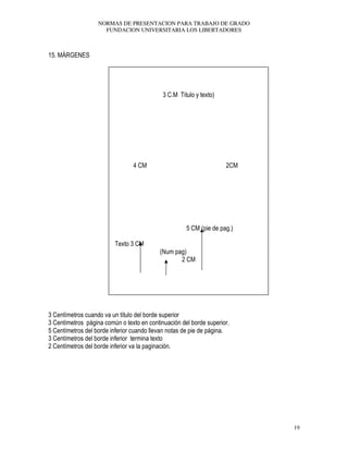 NORMAS DE PRESENTACION PARA TRABAJO DE GRADO
FUNDACION UNIVERSITARIA LOS LIBERTADORES
19
15. MÁRGENES
3 C.M Titulo y texto)
4 CM 2CM
5 CM (pie de pag.)
Texto 3 CM
(Num pag)
2 CM
3 Centímetros cuando va un título del borde superior
3 Centímetros página común o texto en continuación del borde superior.
5 Centímetros del borde inferior cuando llevan notas de pie de página.
3 Centímetros del borde inferior termina texto
2 Centímetros del borde inferior va la paginación.
 
