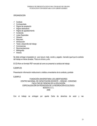 NORMAS DE PRESENTACION PARA TRABAJO DE GRADO
FUNDACION UNIVERSITARIA LOS LIBERTADORES
25
ORGANIZACION
Carátula
Contraportada
Página de aceptación
Página dedicatoria
Página de agradecimiento
Contenido
Listas Especiales
Glosario
Resumen
Introducción
Texto o desarrollo del trabajo
Conclusiones
Recomendaciones
Bibliografía
Anexos
Se debe entregar empastado en azul oscuro mate, cocido y pegado, marcado igual que la carátula
del trabajo en letras doradas, Título en el lomo y año
El CD-Rom en formato PDF marcado tal como se presenta la carátula del trabajo
EJEMPLOS
Presentación información institucional o créditos universitarios de la carátula y portada
EJEMPLO
FUNDACIÓN UNIVERSITARIA LOS LIBERTADORES
CENTRO NACIONAL DE CAPACITACIÓN DOCENTE – CENCAD - CONVENIO
FACULTAD DE CIENCIAS DE LA EDUCACIÓN
ESPECIALIZACIÓN EN PEDAGOGÍA DE LA REGREACIÓN ECOLÓGICA
BOGOTÁ, D. C.
2008
Con el trabajo se entregan por aparte Carta de derechos de autor y rae
 