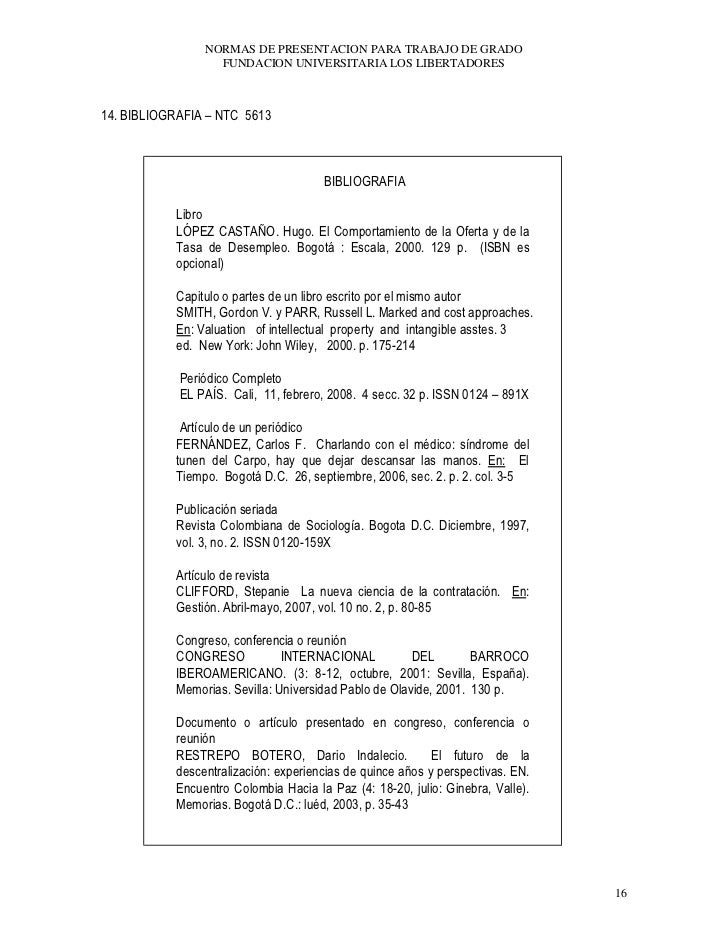 NORMAS DE PRESENTACION PARA TRABAJO DE GRADO
                  FUNDACION UNIVERSITARIA LOS LIBERTADORES



14. BIBLIOGRAFI...