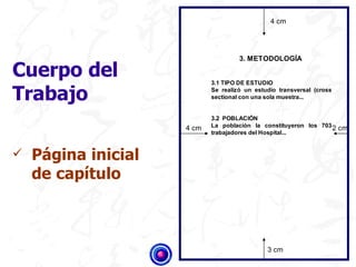 4 cm




                                     3. METODOLOGÍA

Cuerpo del                  3.1 TIPO DE ESTUDIO

Trabajo                     Se realizó un estudio transversal (cross
                            sectional con una sola muestra...


                            3.2 POBLACIÓN
                     4 cm   La población la constituyeron los 703 2 cm
                            trabajadores del Hospital...


   Página inicial
    de capítulo



                                              3 cm
 