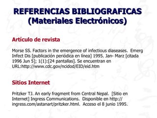 REFERENCIAS BIBLIOGRAFICAS
   (Materiales Electrónicos)

Artículo de revista
Morse SS. Factors in the emergence of infectious diaseases. Emerg
Infect Dis [publicación periódica en línea] 1995. Jan- Marz [citada
1996 Jun 5]; 1(1):[24 pantallas]. Se encuentran en
URL:http://www.cdc.gov/ncidod/EID/eid.htm


Sitios Internet
Pritzker TJ. An early fragment from Central Nepal. [Sitio en
Internet] Ingress Communications. Disponible en http://
ingress.com/astanart/pritzker.html. Acceso el 8 junio 1995.
 