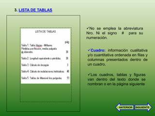 3. LISTA DE TABLAS



                     No se emplea la abreviatura
                     Nro. Ni el signo # para su
                     numeración.


                     Cuadro: información cualitativa
                     y/o cuantitativa ordenada en filas y
                     columnas presentados dentro de
                     un cuadro.

                     Los cuadros, tablas y figuras
                     van dentro del texto donde se
                     nombran o en la página siguiente




                                       ANTERIOR   SIGUIENTE
 