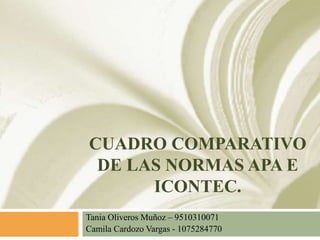 CUADRO COMPARATIVO
DE LAS NORMAS APA E
ICONTEC.
Tania Oliveros Muñoz – 9510310071
Camila Cardozo Vargas - 1075284770

 