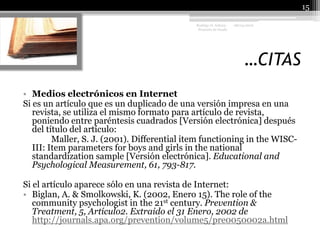 …CITAS08/04/201015Rodrigo O. Achury- Proyecto de GradoMedios electrónicos en InternetSi es un artículo que es un duplicado de una versión impresa en una revista, se utiliza el mismo formato para artículo de revista, poniendo entre paréntesis cuadrados [Versión electrónica] después del título del artículo:Maller, S. J. (2001). Differential item functioning in the WISC-III: Item parameters for boys and girls in the national standardization sample [Versiónelectrónica]. Educational and Psychological Measurement, 61, 793-817.Si el artículo aparece sólo en una revista de Internet:Biglan, A. & Smolkowski, K. (2002, Enero 15). The role of the community psychologist in the 21stcentury. Prevention & Treatment, 5, Artículo2. Extraido el 31 Enero, 2002 de http://journals.apa.org/prevention/volume5/pre0050002a.html