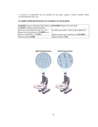 y su precio es comparable con las unidades de una capa, aunque el medio continúa siendo
considerablemente más caro.

CUADRO COMPARATIVO DE EL CD-ROM Y EL DVD-ROM:

CD-ROM (Compact Disk Read Only Memory)       DVD-ROM (Digital Versatile Disk)
y CD-RW (Compact Disk Rewritable)
De lectura y gravables una sola vez, si se   Se utiliza para audio y vídeo de gran definición.
dispone de una grabadora (CD-ROM) o de
lectura y regrabables (CD-RW.)               Algunos opinan que reemplazara al CD-ROM.
Almacena hasta 650Mb.                        Almacena hasta 17Gb.




                                             21
 