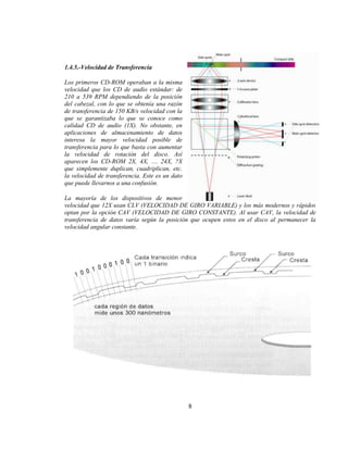 1.4.5.-Velocidad de Transferencia

Los primeros CD-ROM operaban a la misma
velocidad que los CD de audio estándar: de
210 a 539 RPM dependiendo de la posición
del cabezal, con lo que se obtenía una razón
de transferencia de 150 KB/s velocidad con la
que se garantizaba lo que se conoce como
calidad CD de audio (1X). No obstante, en
aplicaciones de almacenamiento de datos
interesa la mayor velocidad posible de
transferencia para lo que basta con aumentar
la velocidad de rotación del disco. Así
aparecen los CD-ROM 2X, 4X, .... 24X, ?X
que simplemente duplican, cuadriplican, etc.
la velocidad de transferencia. Este es un dato
que puede llevarnos a una confusión.

La mayoría de los dispositivos de menor
velocidad que 12X usan CLV (VELOCIDAD DE GIRO VARIABLE) y los más modernos y rápidos
optan por la opción CAV (VELOCIDAD DE GIRO CONSTANTE). Al usar CAV, la velocidad de
transferencia de datos varía según la posición que ocupen estos en el disco al permanecer la
velocidad angular constante.




                                                 8
 