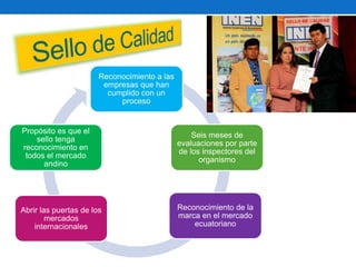 Reconocimiento a las
empresas que han
cumplido con un
proceso
Seis meses de
evaluaciones por parte
de los inspectores del
organismo
Reconocimiento de la
marca en el mercado
ecuatoriano
Abrir las puertas de los
mercados
internacionales
Propósito es que el
sello tenga
reconocimiento en
todos el mercado
andino
 