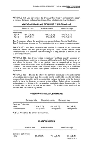 ALCALDIA ESPECIAL DE GIRARDOT - PLAN DE ORDENAMIENTO TERRITORIAL
NORMAS INTEGRALES
ARTICULO 358. Los porcentajes de áreas verdes, libres y recreacionales según
la zona de densidad en la cual se ubique el lote y la tipología de vivienda son:
VIVIENDA UNIFAMILIAR, BIFAMILIAR Y MULTIFAMILIAR
--------------------------------------------------------------------------------------------------------
Densidad alta Densidad media Densidad baja
--------------------------------------------------------------------------------------------------------
Area verde:
- Tipo A 12% (A.B.T.) 11%(A.B.T.) 10% (A.B.T.)
- Tipo B 6%(A.B.T.) 8%(A.B.T.) 10% (A.B.T.)
Tipo A: cesiones a favor del Municipio, que se convierte en Bien de Uso Publico
Tipo B: Cesiones a favor de los Copropietarios que se convierte zonas comunales.
PARAGRAFO . Las áreas de antejardines y retiros frontales de vía, no pueden ser
incluidas dentro de los porcentajes exigidos como zonas verdes libres
recreacionales. Las cesiones se trataran según lo dispuesto en el articulo 300 de
la presente normativa.
ARTICULO 359. Las áreas verdes recreativas y públicas estarán ubicadas en
forma concentrada, conforme lo disponga el Departamento de Planeación en un
solo globo de terreno. De no ser posible, esto se concentrará en terrenos
ubicados especialmente en forma equilibrada para los servicios del caso, según el
proyecto. Las nuevas actuaciones urbanísticas procurarán integrar el área libre
pública a ceder de tal forma que quede colindante con las ya existentes o
aprobadas.
ARTICULO 360 El área del lote de los servicios colectivos en los actuaciones
urbanísticas residenciales que de acuerdo con lo establecido en este Normativa
tengan dicha obligación, será un porcentaje variable del área bruta del terreno
según la franja de densidad en que se ubique el lote. Sobre ella se construirán
instalaciones con destino a dichos servicios, según la tipología de desarrollo, y de
acuerdo con los servicios que se requieran. En ambos casos conforme se
establece en los cuadros siguientes:
VIVIENDA UNIFAMILIAR, BIFAMILIAR
Densidad alta Densidad media Densidad baja
-----------------------------------------------------------------------------------------------------------
Servicios Colectivos:
- lote 7% (A.B.T.) 6% (A.B.T.) 5% (A.B.T.)
- Construcción 1 m2 por viv. 1 m2 por viv. 1 m2 por viv.
A.B.T. : Area bruta del terreno a desarrollar.
MULTIFAMILIARES
Densidad alta Densidad media Densidad baja
----------------------------------------------------------------------------------------------------------
Servicios Colectivos:
- lote 8% (A.B.T.) 7% (A.B.T.) 6% (A.B.T.)
Pagina 100 de 121
 