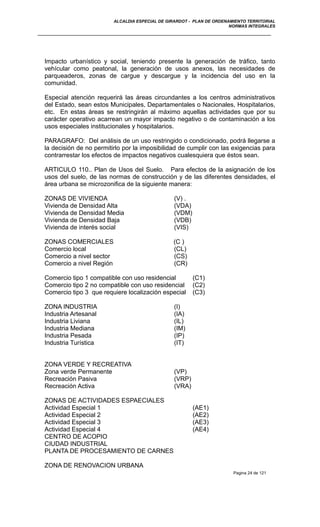 ALCALDIA ESPECIAL DE GIRARDOT - PLAN DE ORDENAMIENTO TERRITORIAL
NORMAS INTEGRALES
Impacto urbanístico y social, teniendo presente la generación de tráfico, tanto
vehícular como peatonal, la generación de usos anexos, las necesidades de
parqueaderos, zonas de cargue y descargue y la incidencia del uso en la
comunidad.
Especial atención requerirá las áreas circundantes a los centros administrativos
del Estado, sean estos Municipales, Departamentales o Nacionales, Hospitalarios,
etc. En estas áreas se restringirán al máximo aquellas actividades que por su
carácter operativo acarrean un mayor impacto negativo o de contaminación a los
usos especiales institucionales y hospitalarios.
PARAGRAFO: Del análisis de un uso restringido o condicionado, podrá llegarse a
la decisión de no permitirlo por la imposibilidad de cumplir con las exigencias para
contrarrestar los efectos de impactos negativos cualesquiera que éstos sean.
ARTICULO 110.. Plan de Usos del Suelo. Para efectos de la asignación de los
usos del suelo, de las normas de construcción y de las diferentes densidades, el
área urbana se microzonifica de la siguiente manera:
ZONAS DE VIVIENDA (V) .
Vivienda de Densidad Alta (VDA)
Vivienda de Densidad Media (VDM)
Vivienda de Densidad Baja (VDB)
Vivienda de interés social (VIS)
ZONAS COMERCIALES (C )
Comercio local (CL)
Comercio a nivel sector (CS)
Comercio a nivel Región (CR)
Comercio tipo 1 compatible con uso residencial (C1)
Comercio tipo 2 no compatible con uso residencial (C2)
Comercio tipo 3 que requiere localización especial (C3)
ZONA INDUSTRIA (I)
Industria Artesanal (IA)
Industria Liviana (IL)
Industria Mediana (IM)
Industria Pesada (IP)
Industria Turística (IT)
ZONA VERDE Y RECREATIVA
Zona verde Permanente (VP)
Recreación Pasiva (VRP)
Recreación Activa (VRA)
ZONAS DE ACTIVIDADES ESPAECIALES
Actividad Especial 1 (AE1)
Actividad Especial 2 (AE2)
Actividad Especial 3 (AE3)
Actividad Especial 4 (AE4)
CENTRO DE ACOPIO
CIUDAD INDUSTRIAL
PLANTA DE PROCESAMIENTO DE CARNES
ZONA DE RENOVACION URBANA
Pagina 24 de 121
 