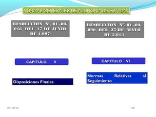 NORMAS GENERALES DE AUDITORIA DE ESTADO
RESOLUCION Nº. 01 -00016 DEL 17 DE JUNIO
DE 1.997

CAPITULO

Disposiciones Finales

21/10/13

V

RESOLUCION Nº. 01 -00090 DEL 25 DE MAYO
DE 2.013

CAPITULO

VI

Normas
Relativas
Seguimiento

26

al

 