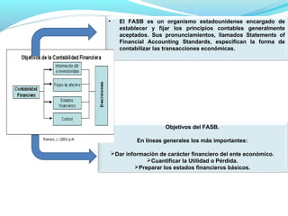 •

El FASB es un organismo estadounidense encargado de
establecer y fijar los principios contables generalmente
aceptados. Sus pronunciamientos, llamados Statements of
Financial Accounting Standards, especifican la forma de
contabilizar las transacciones económicas.

Objetivos del FASB.
En líneas generales los más importantes:
Dar información de carácter financiero del ente económico.
Cuantificar la Utilidad o Pérdida.
Preparar los estados financieros básicos.

 