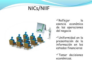 NICs/NIIF
Reflejar
la
esencia económica
de las operaciones
del negocio
Uniformidad en la
presentación de la
información en los
estados financieros
Tomar decisiones
económicas.

 