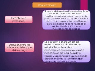 Requerimientos 
Escepticismo 
profesional 
Si las condiciones identificadas durante la 
realización de la auditoría llevan al 
auditor a considerar que un documento 
podría no ser auténtico, o que los términos 
de un documento se han modificado, 
pero este hecho no se ha revelado al 
auditor, éste llevará a cabo 
investigaciones detalladas. 
Discusión entre los 
miembros del equipo 
del encargo 
La discusión pondrá un énfasis 
especial en el modo en que los 
estados financieros de la 
entidad pueden estar expuestos a 
incorrección material debida a 
fraude y las partidas a las que puede 
afectar, incluida la forma en que 
podría producirse el fraude. 
 