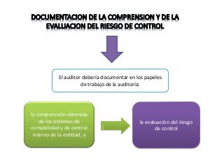 El auditor debería documentar en los papeles 
de trabajo de la auditoría: 
la comprensión obtenida 
de los sistemas de 
contabilidad y de control 
interno de la entidad; y 
la evaluación del riesgo 
de control 
 
