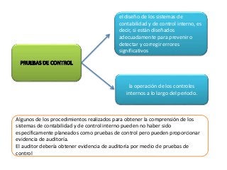 el diseño de los sistemas de 
contabilidad y de control interno, es 
decir, si están diseñados 
adecuadamente para prevenir o 
detectar y corregir errores 
significativos 
la operación de los controles 
internos a lo largo del periodo. 
Algunos de los procedimientos realizados para obtener la comprensión de los 
sistemas de contabilidad y de control interno pueden no haber sido 
específicamente planeados como pruebas de control pero pueden proporcionar 
evidencia de auditoría. 
El auditor debería obtener evidencia de auditoría por medio de pruebas de 
control 
 