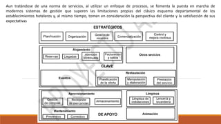 Aun tratándose de una norma de servicios, al utilizar un enfoque de procesos, se fomenta la puesta en marcha de
modernos sistemas de gestión que superen las limitaciones propias del clásico esquema departamental de los
establecimientos hoteleros y, al mismo tiempo, tomen en consideración la perspectiva del cliente y la satisfacción de sus
expectativas
 