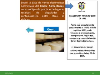 22GD-FM-016 V4
RESOLUCION NUMERO 2310
DE 1986
Por la cual se reglamenta
parcialmente el Título V de la
Ley 09 de 1979, en lo
referente a procesamiento,
composición, requisitos,
transporte y comercialización
de los Derivados Lácteos.
EL MINISTRO DE SALUD
En uso, de las atribuciones
que le confiere la Ley 09 de
1979,
Queso
Sobre la base de varios documentos
normativos del Codex Alimentarius,
como códigos de prácticas de higiene,
residuos de plaguicidas y
contaminantes, entre otros, se
elabora:
 