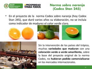 23GD-FM-016 V4
Sin la intervención de los países del trópico,
muchas variedades que maduran con una
coloración verde o verde amarillenta, sobre
la base del proyecto original de la norma
Codex, no hubieran podido comercializarse
en los mercados internacionales.
• En el proyecto de la norma Codex sobre naranja (hoy Codex
Stan 245), que duró varios años su elaboración, no se incluía
como indicador de madurez el color verde claro.
Norma sobre naranja
(Codex Stan 245)
 