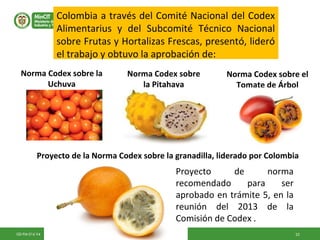25GD-FM-016 V4
Proyecto de la Norma Codex sobre la granadilla, liderado por Colombia
Proyecto de norma
recomendado para ser
aprobado en trámite 5, en la
reunión del 2013 de la
Comisión de Codex .
Norma Codex sobre la
Uchuva
Norma Codex sobre el
Tomate de Árbol
Norma Codex sobre
la Pitahaya
Colombia a través del Comité Nacional del Codex
Alimentarius y del Subcomité Técnico Nacional
sobre Frutas y Hortalizas Frescas, presentó, lideró
el trabajo y obtuvo la aprobación de:
 