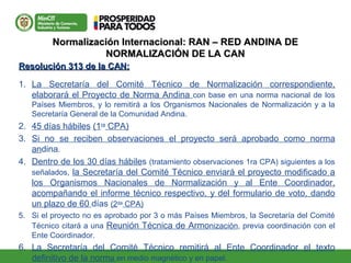 Normalización Internacional: RAN – RED ANDINA DENormalización Internacional: RAN – RED ANDINA DE
NORMALIZACIÓN DE LA CANNORMALIZACIÓN DE LA CAN
Resolución 313 de la CAN:Resolución 313 de la CAN:
1. La Secretaría del Comité Técnico de Normalización correspondiente,
elaborará el Proyecto de Norma Andina con base en una norma nacional de los
Países Miembros, y lo remitirá a los Organismos Nacionales de Normalización y a la
Secretaría General de la Comunidad Andina.
2. 45 días hábiles (1ra
CPA)
3. Si no se reciben observaciones el proyecto será aprobado como norma
andina.
4. Dentro de los 30 días hábiles (tratamiento observaciones 1ra CPA) siguientes a los
señalados, la Secretaría del Comité Técnico enviará el proyecto modificado a
los Organismos Nacionales de Normalización y al Ente Coordinador,
acompañando el informe técnico respectivo, y del formulario de voto, dando
un plazo de 60 días (2da
CPA)
5. Si el proyecto no es aprobado por 3 o más Países Miembros, la Secretaría del Comité
Técnico citará a una Reunión Técnica de Armonización, previa coordinación con el
Ente Coordinador.
6. La Secretaría del Comité Técnico remitirá al Ente Coordinador el texto
definitivo de la norma en medio magnético y en papel.
 