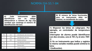 NORMA ISA-S5.1-84
A) Cada instrumento debe
identificarse con un código
alfanumérico o número de tag (tag
number) que contenga el número de
identificación del lazo.
B) El número de letras funcionales
para un instrumento debe ser
mínimo, no excediendo de cuatro.
1) Disponer las letras en subgrupos. Por
ejemplo, un controlador de temperatura
con un
interruptor de alarma puede identificarse
con dos círculos, uno el TIC-3 y el otro TSH-
3.
2) En un instrumento que indica y registra
la misma variable medida puede omitirse la
letra
I (indicación).
 