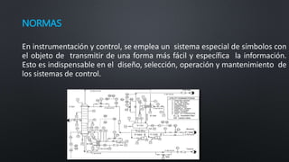 NORMAS
En instrumentación y control, se emplea un sistema especial de símbolos con
el objeto de transmitir de una forma más fácil y específica la información.
Esto es indispensable en el diseño, selección, operación y mantenimiento de
los sistemas de control.
 