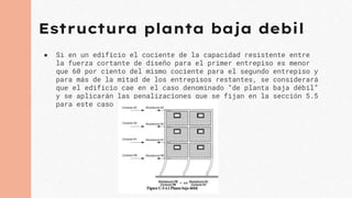 Estructura planta baja debil
● Si en un edificio el cociente de la capacidad resistente entre
la fuerza cortante de diseño para el primer entrepiso es menor
que 60 por ciento del mismo cociente para el segundo entrepiso y
para más de la mitad de los entrepisos restantes, se considerará
que el edificio cae en el caso denominado “de planta baja débil”
y se aplicarán las penalizaciones que se fijan en la sección 5.5
para este caso
 