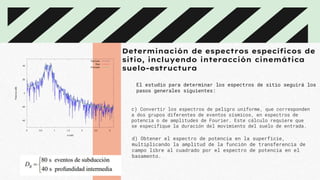 Determinación de espectros específicos de
sitio, incluyendo interacción cinemática
suelo-estructura
El estudio para determinar los espectros de sitio seguirá los
pasos generales siguientes:
c) Convertir los espectros de peligro uniforme, que corresponden
a dos grupos diferentes de eventos sísmicos, en espectros de
potencia o de amplitudes de Fourier. Este cálculo requiere que
se especifique la duración del movimiento del suelo de entrada.
d) Obtener el espectro de potencia en la superficie,
multiplicando la amplitud de la función de transferencia de
campo libre al cuadrado por el espectro de potencia en el
basamento.
 