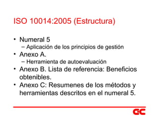 ISO 10014:2005 (Estructura) Numeral 5 Aplicación de los principios de gestión Anexo A. Herramienta de autoevaluación Anexo B. Lista de referencia: Beneficios obtenibles. Anexo C: Resumenes de los métodos y herramientas descritos en el numeral 5. 
