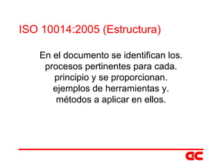 ISO 10014:2005 (Estructura) En el documento se identifican los. procesos pertinentes para cada. principio y se proporcionan. ejemplos de herramientas y. métodos a aplicar en ellos. 