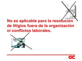 No es aplicable para la resolución de litigios fuera de la organización ni conflictos laborales. 